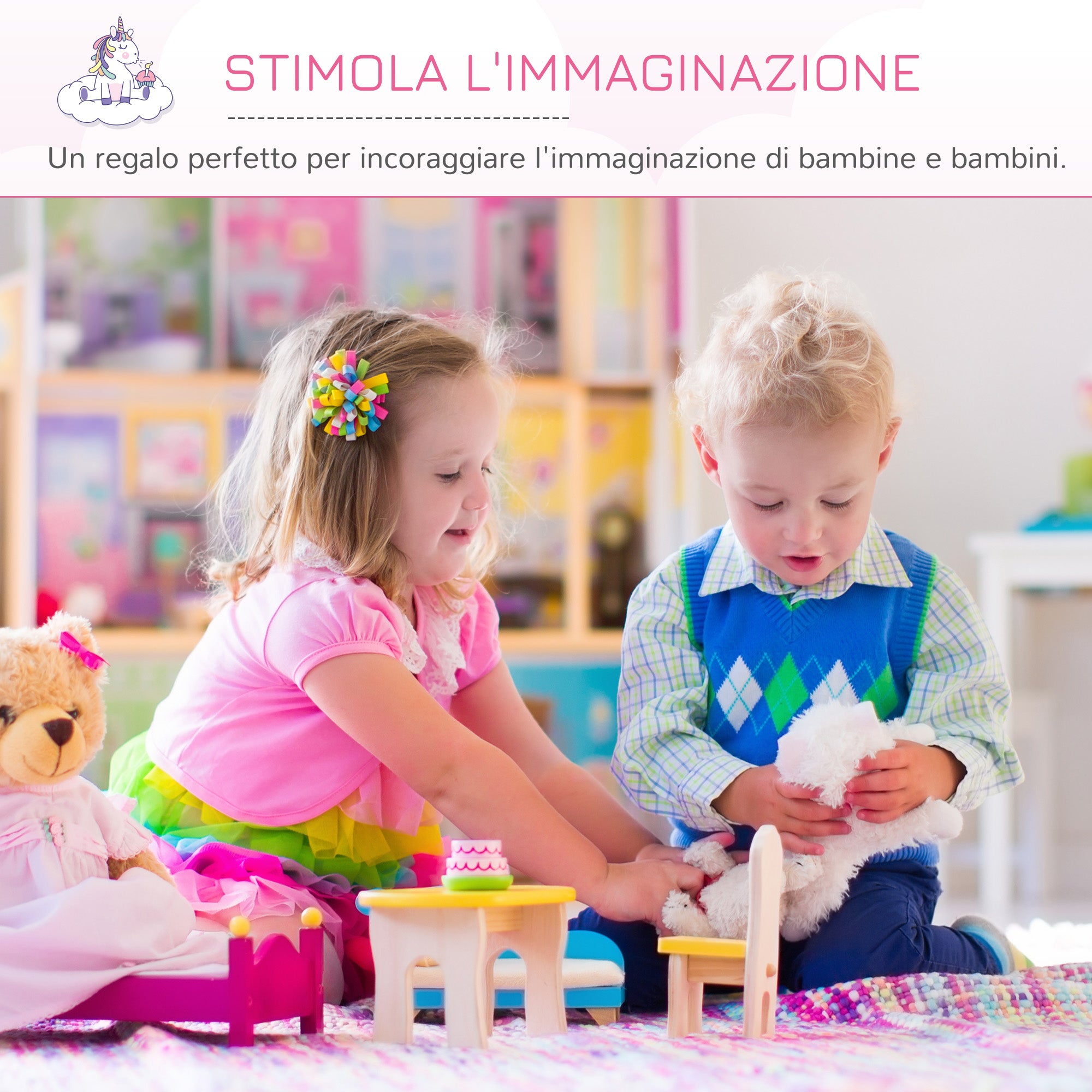 Specchiera Giocattolo per Bambini con Sgabello in MDF Rosa e Bianco