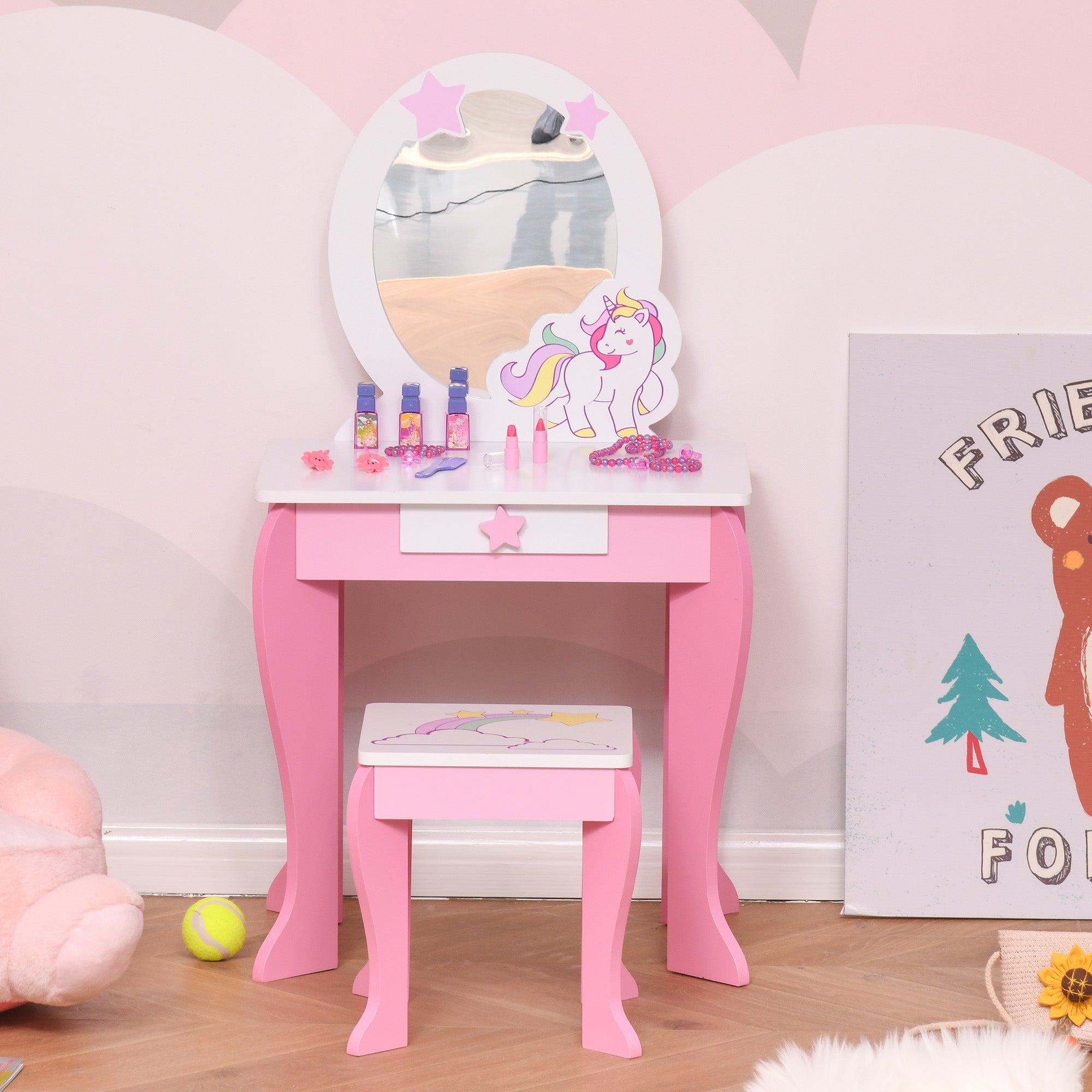 Specchiera Giocattolo per Bambini con Sgabello in MDF Rosa e Bianco