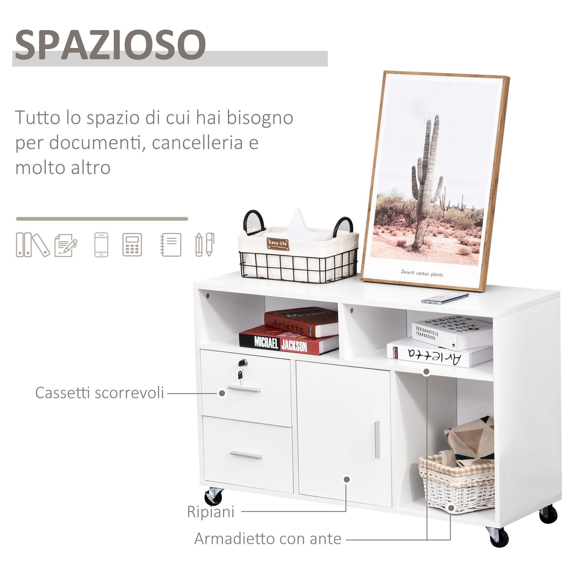 Mobile Porta Stampante con Cassetti 100x35x65 cm in Legno Truciolare Bianco