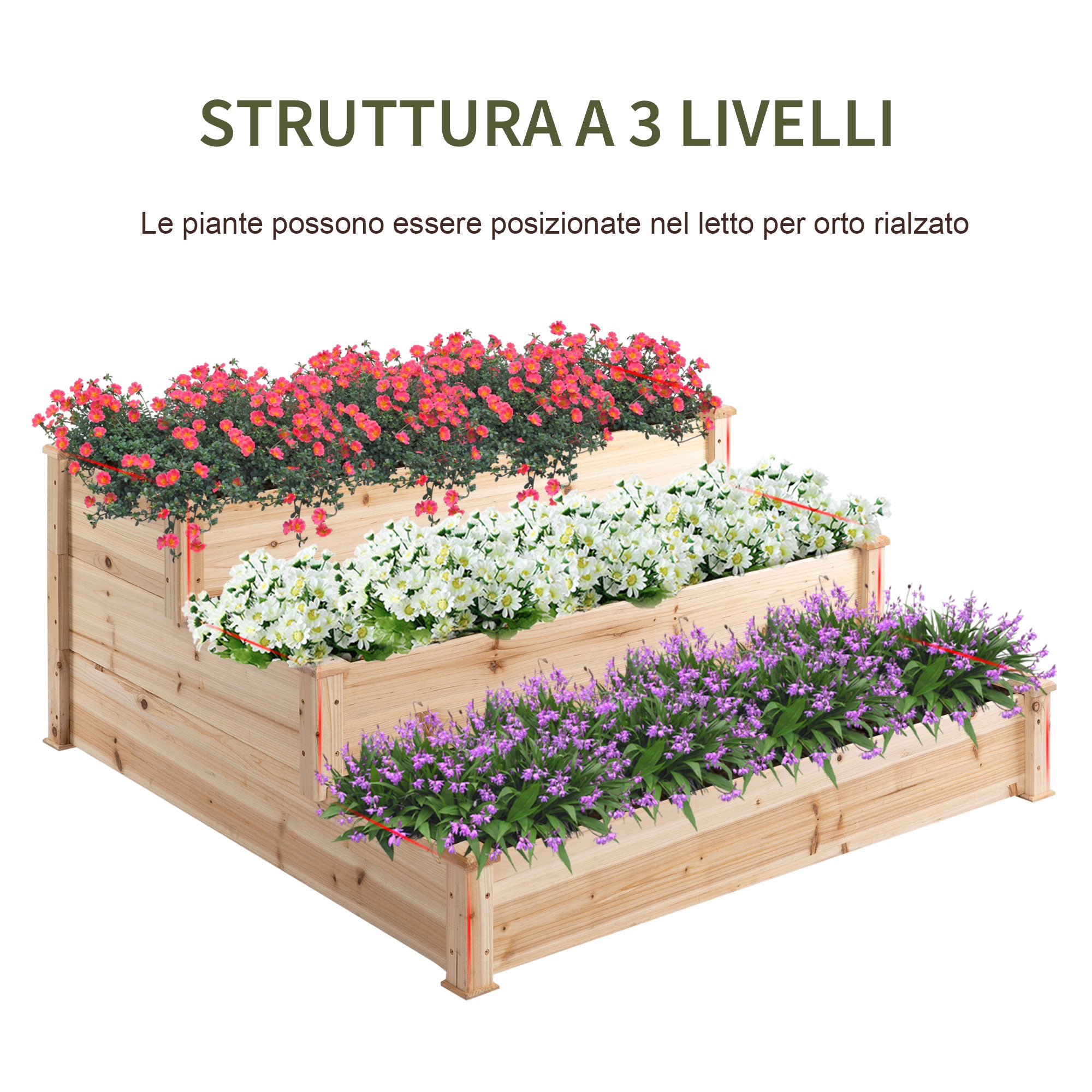 Letto per Orto Fioriera 3 Ripiani 124x124x56 cm in Legno Naturale