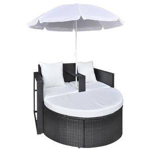 vidaXL Lettino da Giardino con Ombrellone Nero in Polyrattan