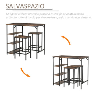 Set Tavolo Alto 109x60x100 cm e 2 Sgabelli in Metallo e Truciolare Marrone