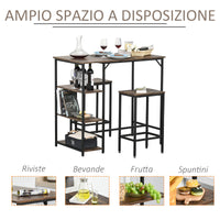 Set Tavolo Alto 109x60x100 cm e 2 Sgabelli in Metallo e Truciolare Marrone