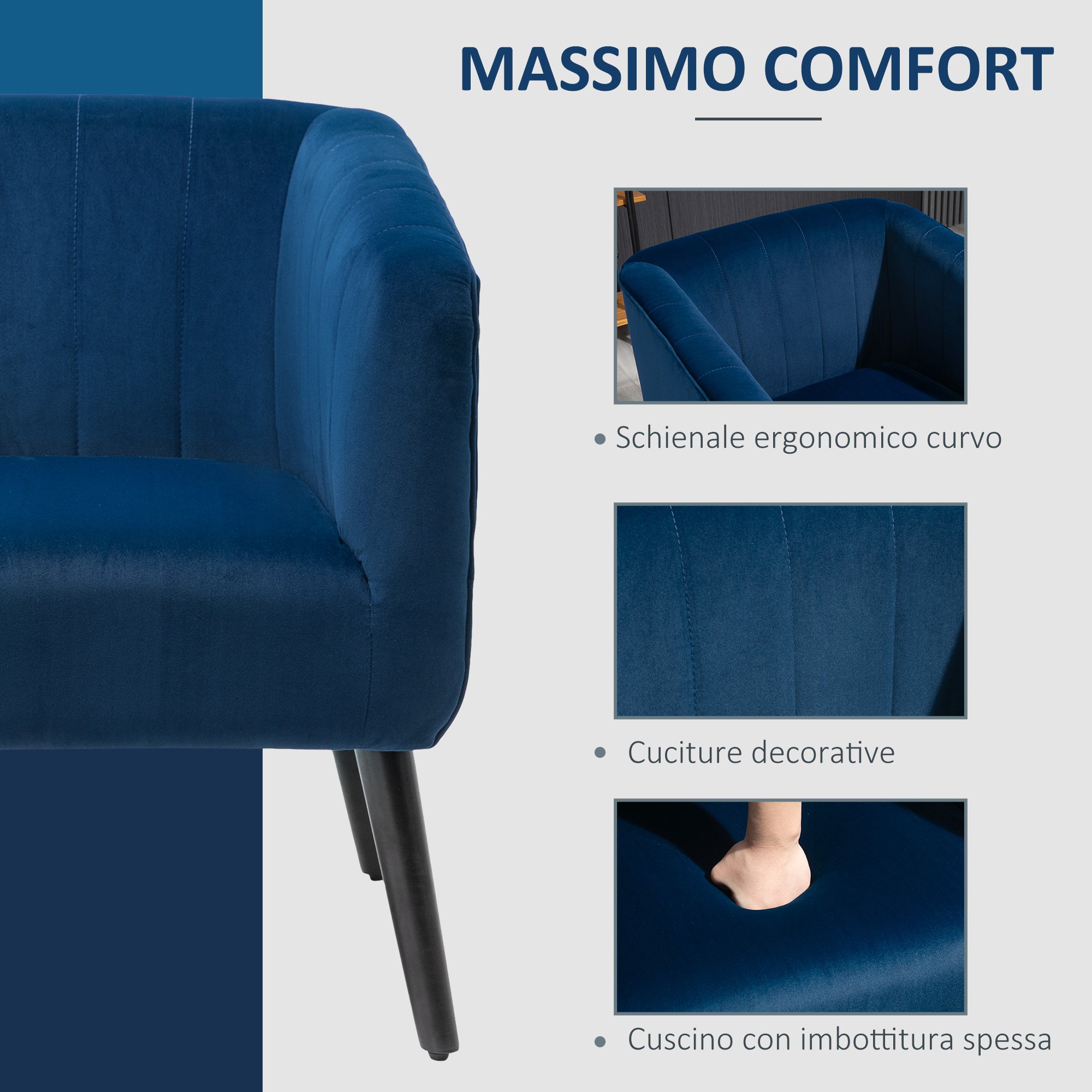 Poltroncina Imbottita 71x49x94 cm in Tessuto Vellutato Blu