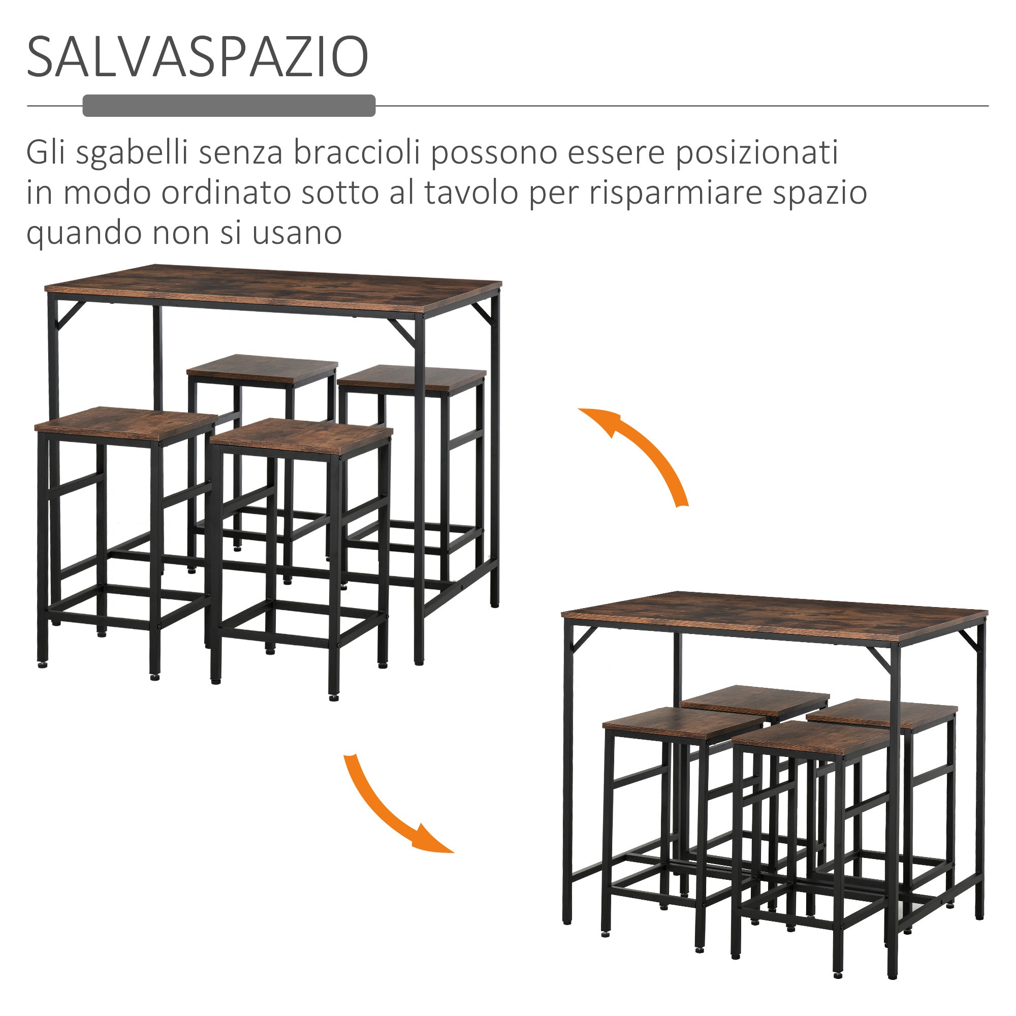 Set Tavolo Alto 100x60x88 cm e 4 Sgabelli in Metallo e Truciolare Marrone