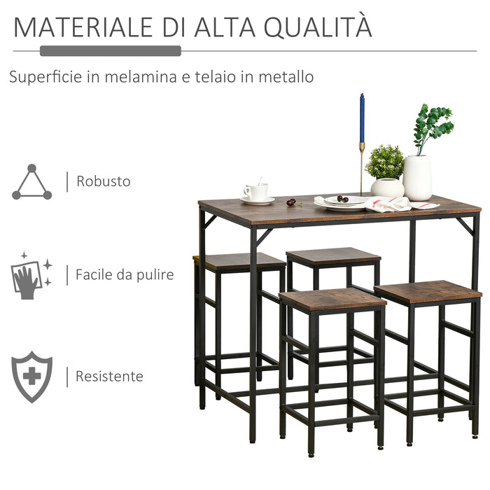 Set Tavolo Alto 100x60x88 cm e 4 Sgabelli in Metallo e Truciolare Marrone