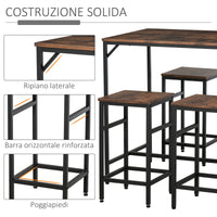 Set Tavolo Alto 100x60x88 cm e 4 Sgabelli in Metallo e Truciolare Marrone