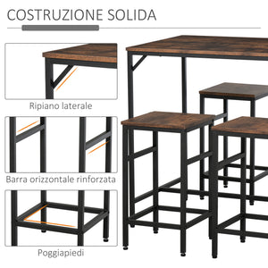 Set Tavolo Alto 100x60x88 cm e 4 Sgabelli in Metallo e Truciolare Marrone