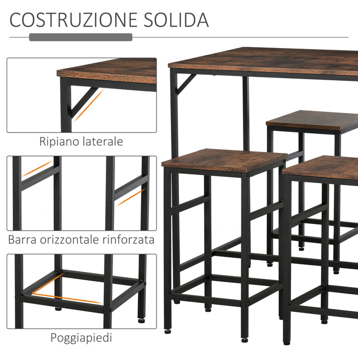 Set Tavolo Alto 100x60x88 cm e 4 Sgabelli in Metallo e Truciolare Marrone