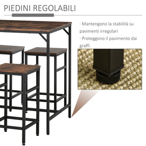 Set Tavolo Alto 100x60x88 cm e 4 Sgabelli in Metallo e Truciolare Marrone