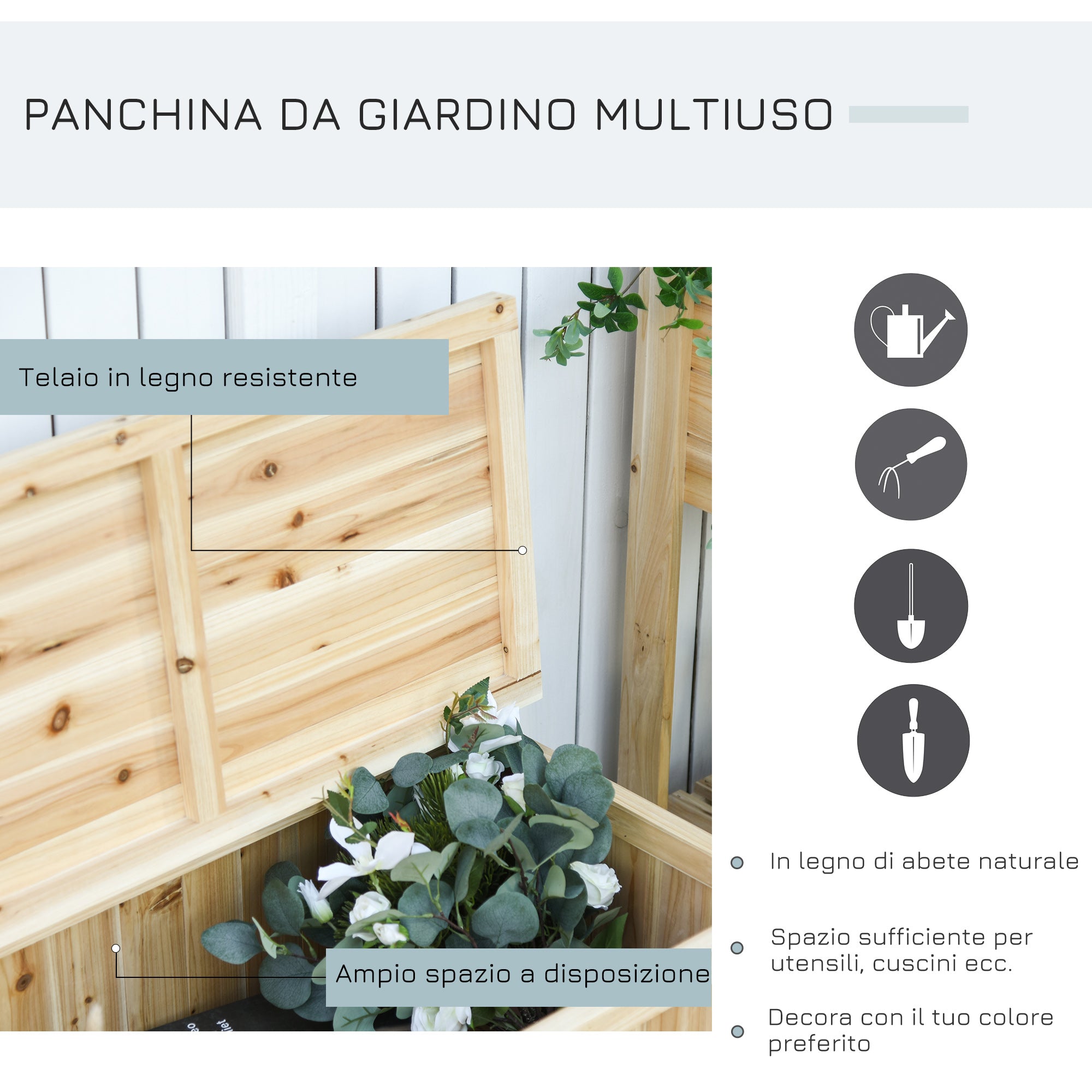 Panchina Contenitore da Giardino 115x45x75 cm in Legno Naturale