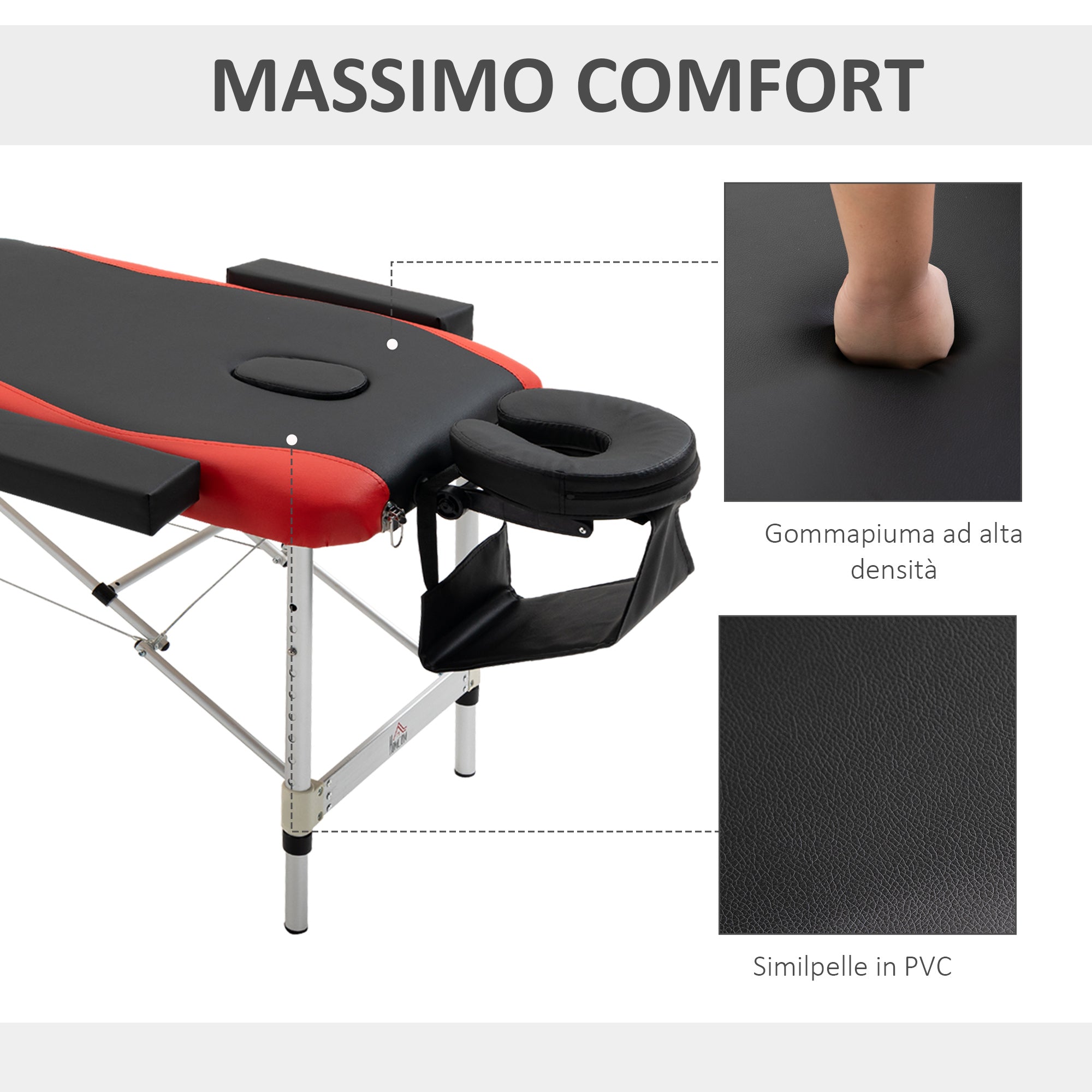 Lettino da Massaggio Fisioterapia 2 Snodi 215x60x84 cm in Alluminio Nero e Rosso