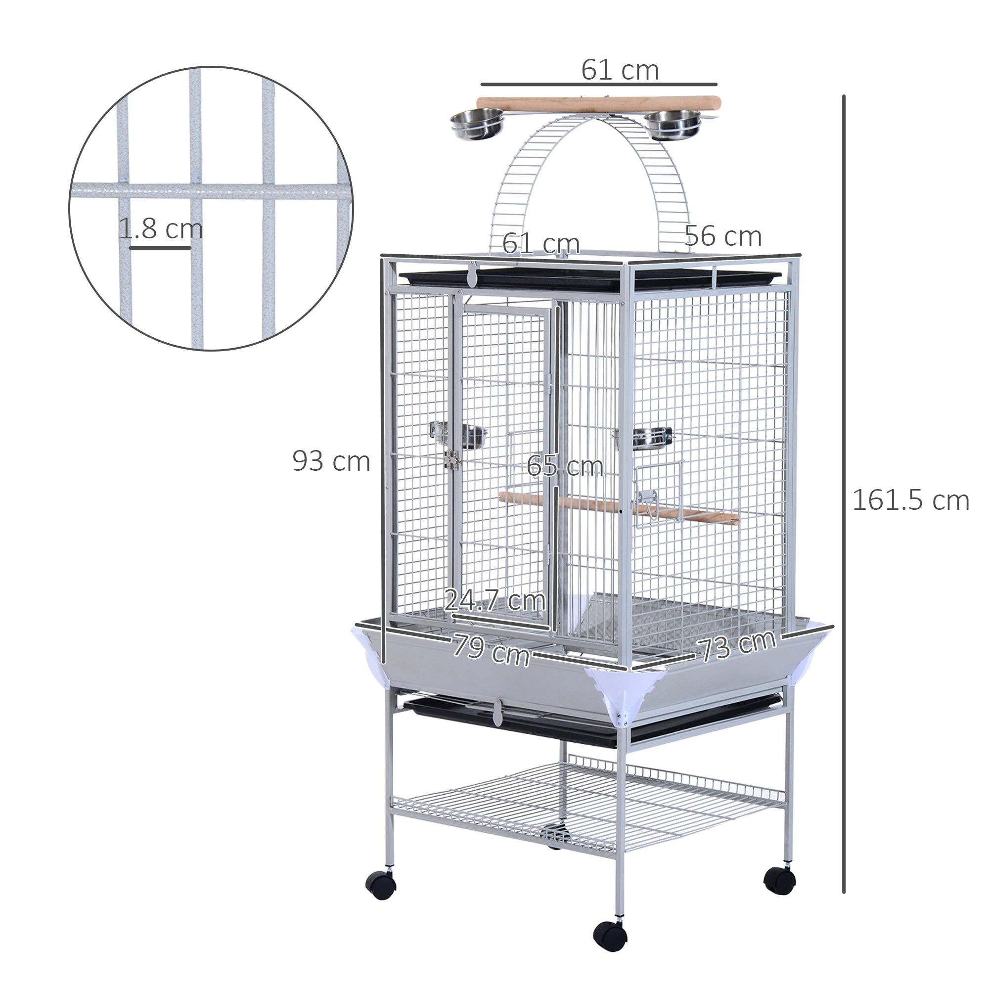 Voliera Gabbia per Uccelli 86x80x160 cm con Ruote in Metallo Argento