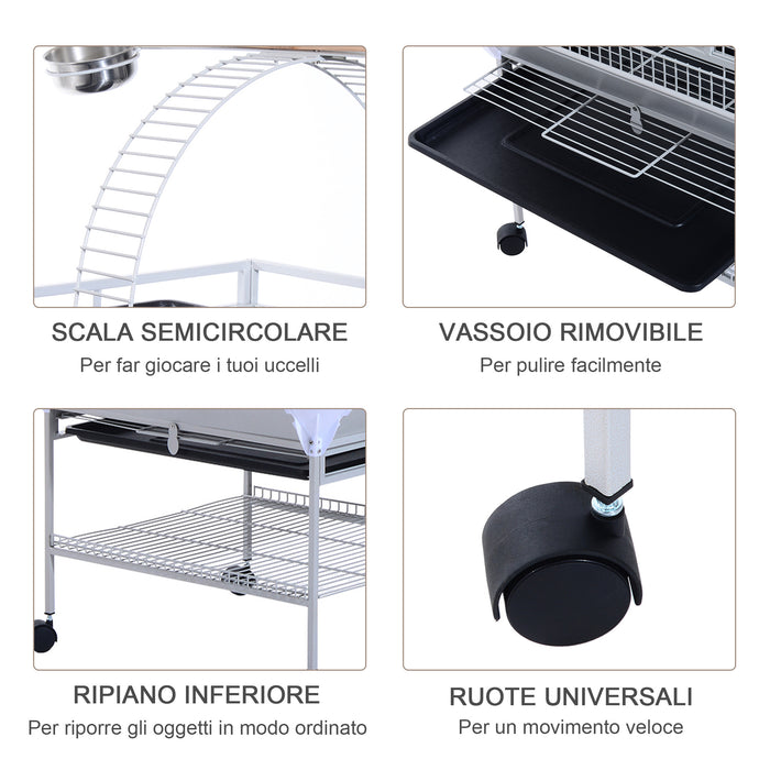 Voliera Gabbia per Uccelli 86x80x160 cm con Ruote in Metallo Argento