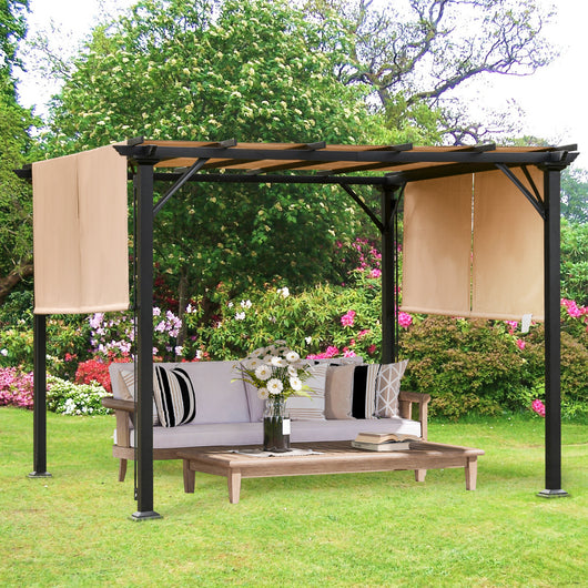 Pergola da Giardino 305x305x220 cm in Acciaio e Tessuto Marrone Chiaro