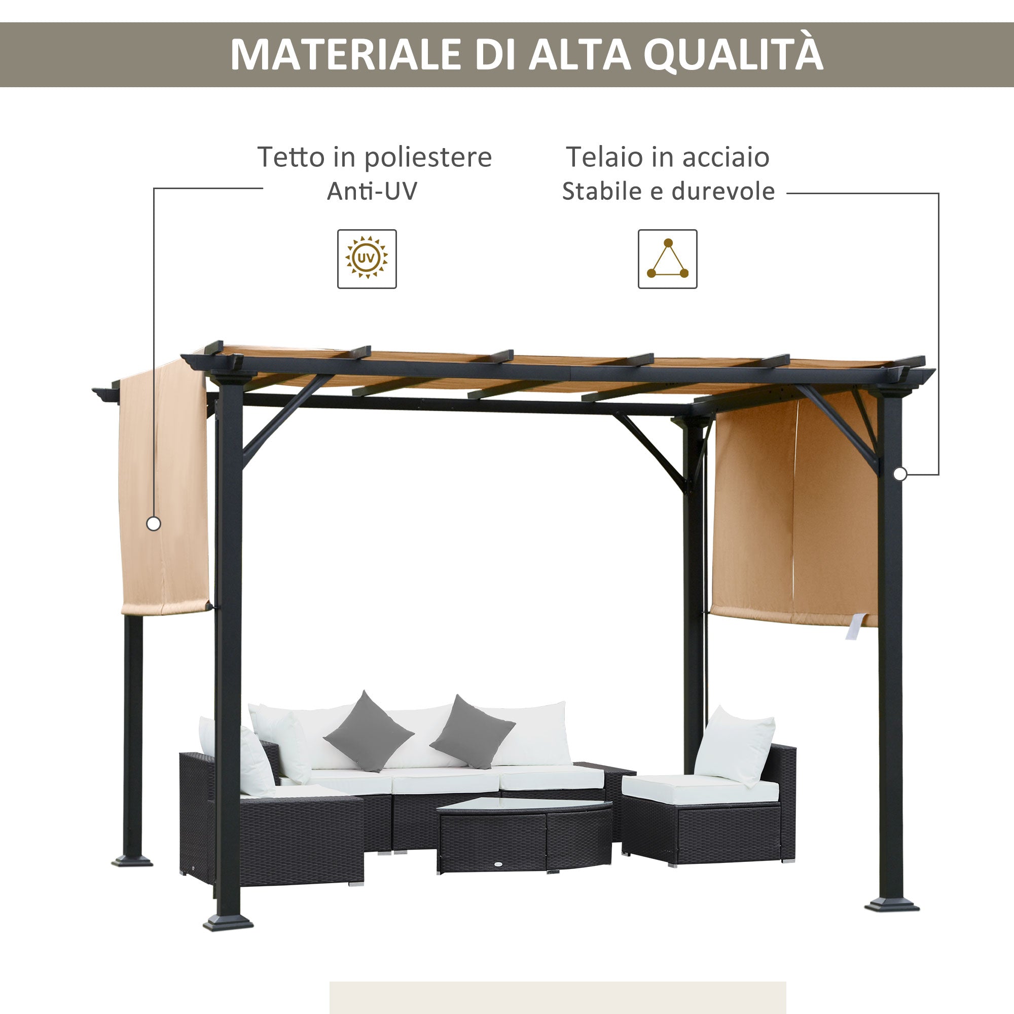 Pergola da Giardino 305x305x220 cm in Acciaio e Tessuto Marrone Chiaro