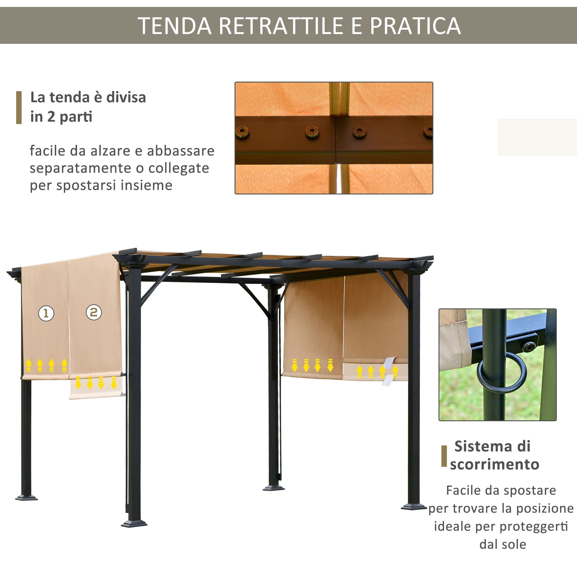 Pergola da Giardino 305x305x220 cm in Acciaio e Tessuto Marrone Chiaro