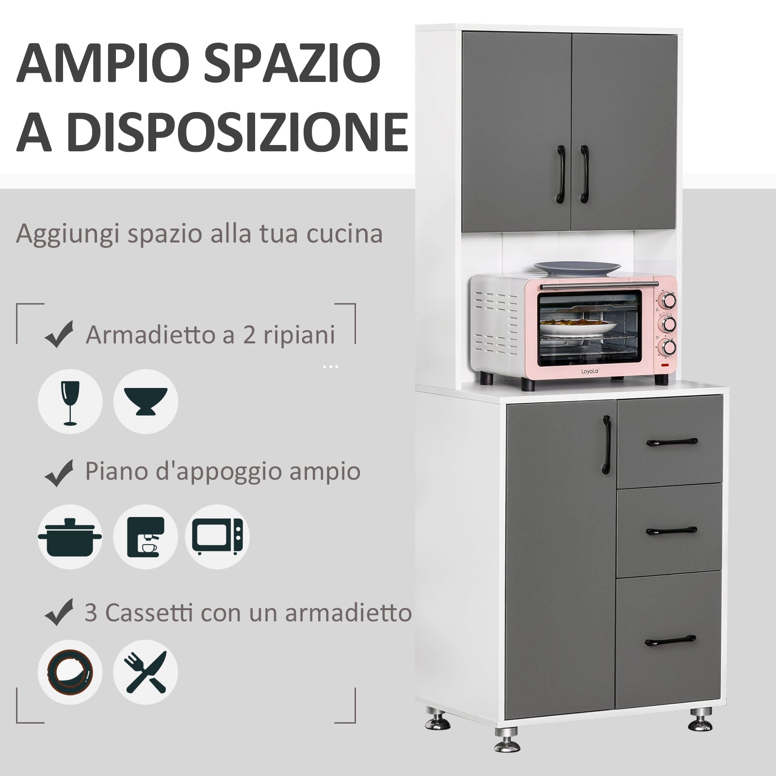 Credenza da Cucina 60x40x150 cm in Legno Truciolare Grigio e Bianca