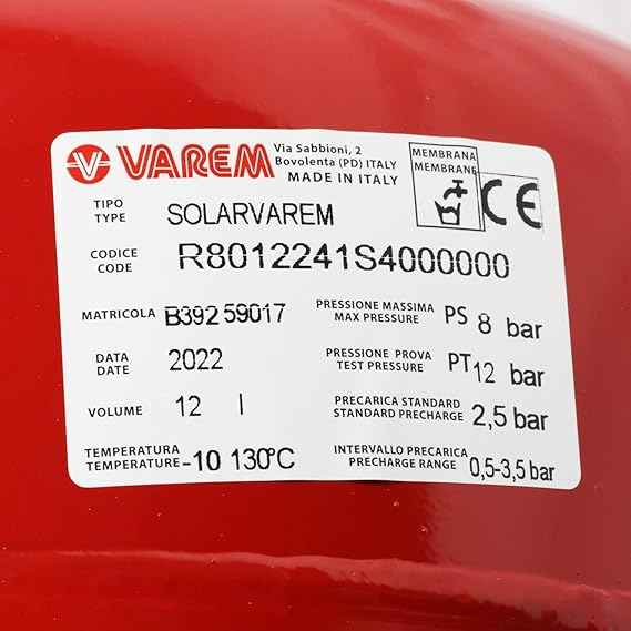 VASO DI ESPANSIONE PER IMPIANTI SOLARI "SOLARVAREM CE" Lt. 12