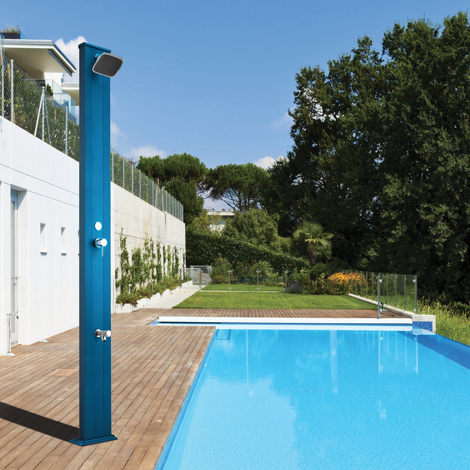 Doccia Solare da Esterno Giardino 30L Miscelatore e Lavapiedi Arkema Spring S Fascia Inox Blu