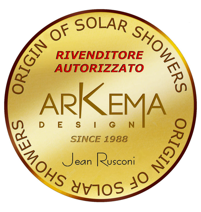 Doccia Solare da Esterno Giardino 40L Miscelatore e Lavapiedi Arkema Dada Fascia Inox Arancio