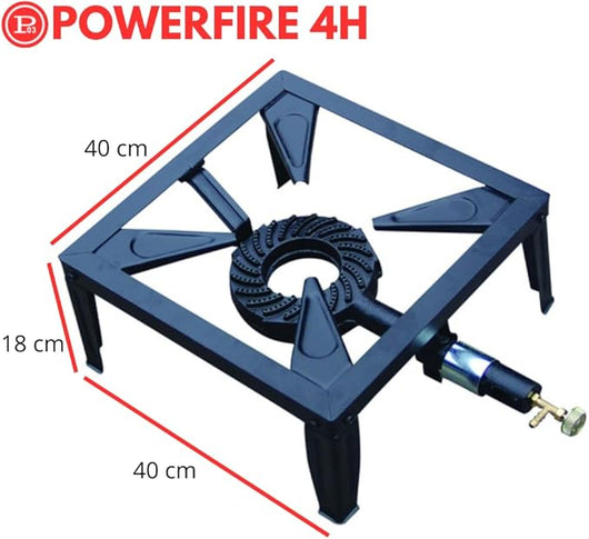 Powerfire 4H | Fornellone a Gas da esterno Professionale in Acciaio Smaltato e Ghisa, Potenza 7,5 kW, Nero - cm.40x40x18