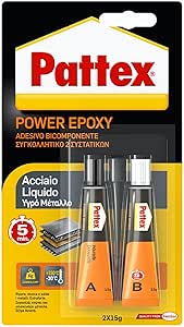 Pattex Power Epoxy Acciaio Liquido, colla epossidica bicomponente color metallo a base di resina epossidica, forte adesivo epossidico per metalli e altri materiali, 2x15g