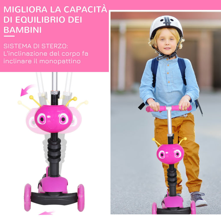 Monopattino Passeggino Triciclo a 3 Ruote 62x25x72,5 cm Rosa