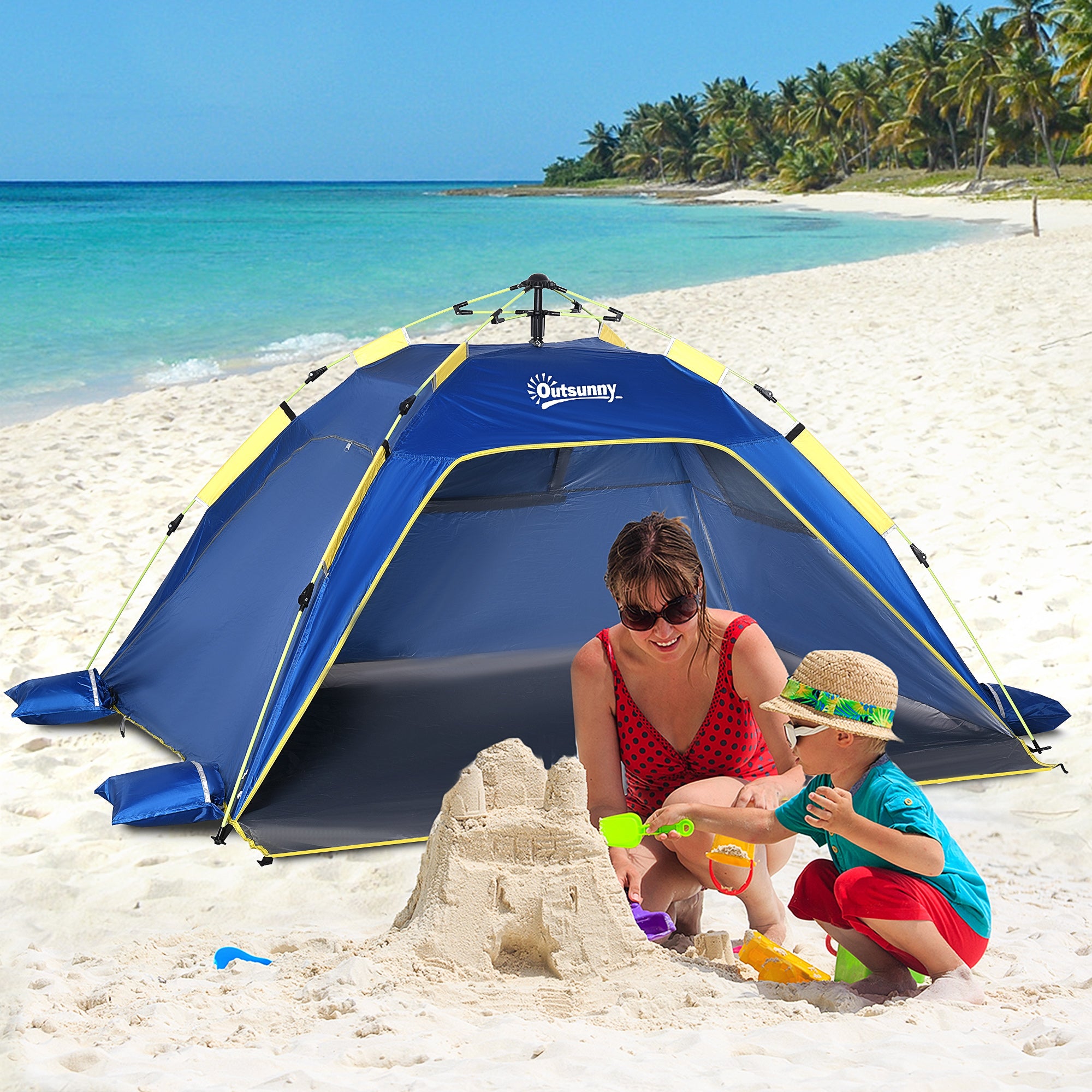 Tenda da Spiaggia Pop Up 220x173x120 cm con Finestre in Poliestere Blu