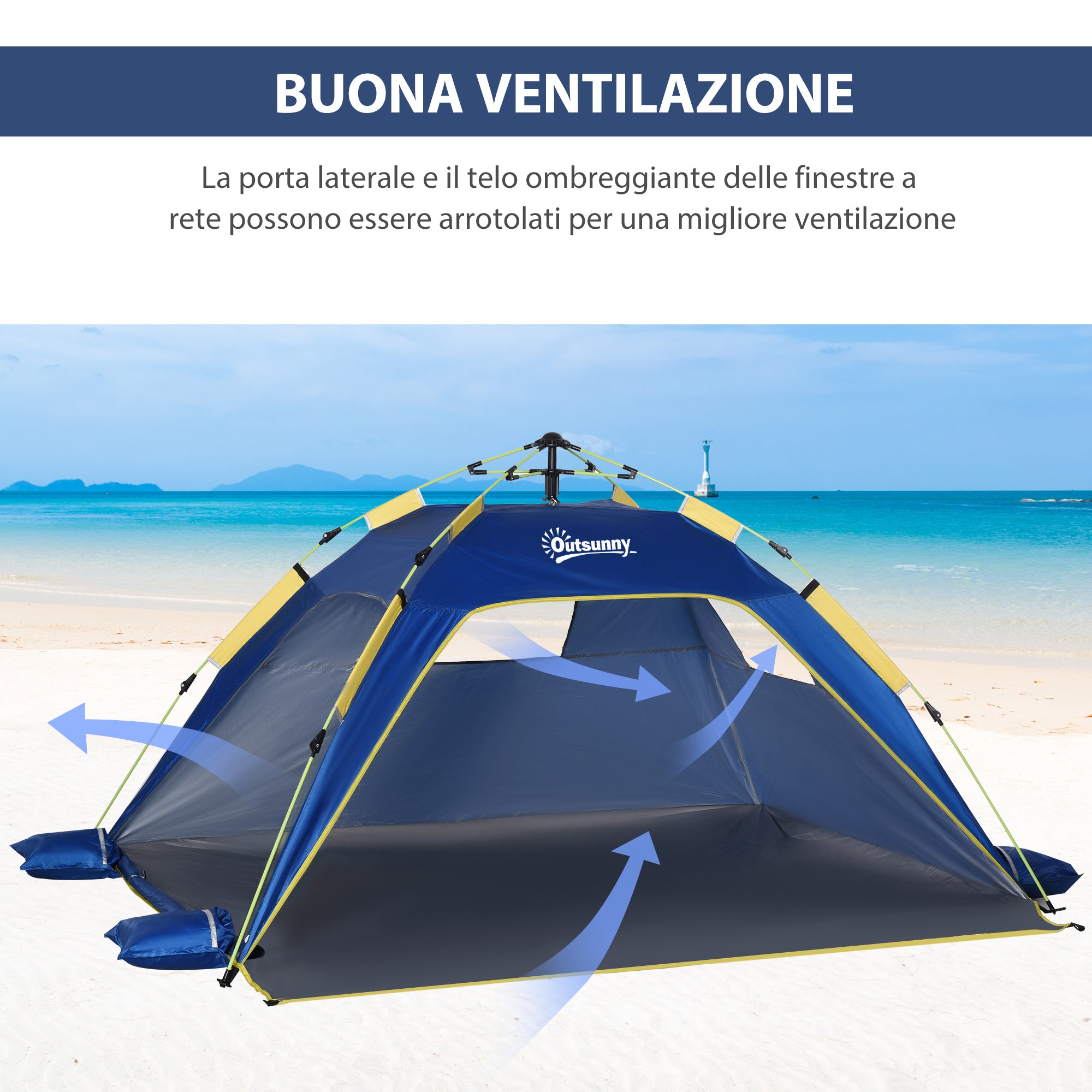 Tenda da Spiaggia Pop Up 220x173x120 cm con Finestre in Poliestere Blu