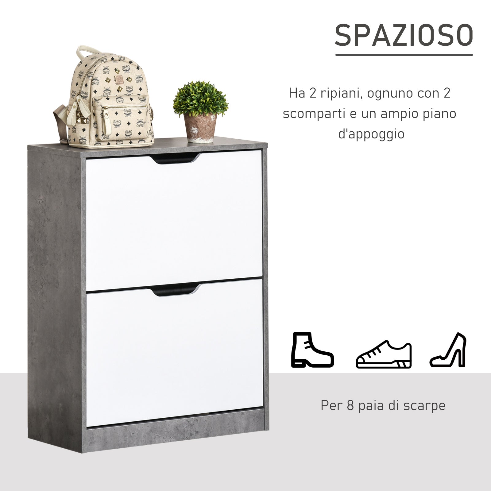 Mobile Scarpiera 2 Ante 62,5x24x81 cm per 8 Paia di Scarpe Grigio e Bianco