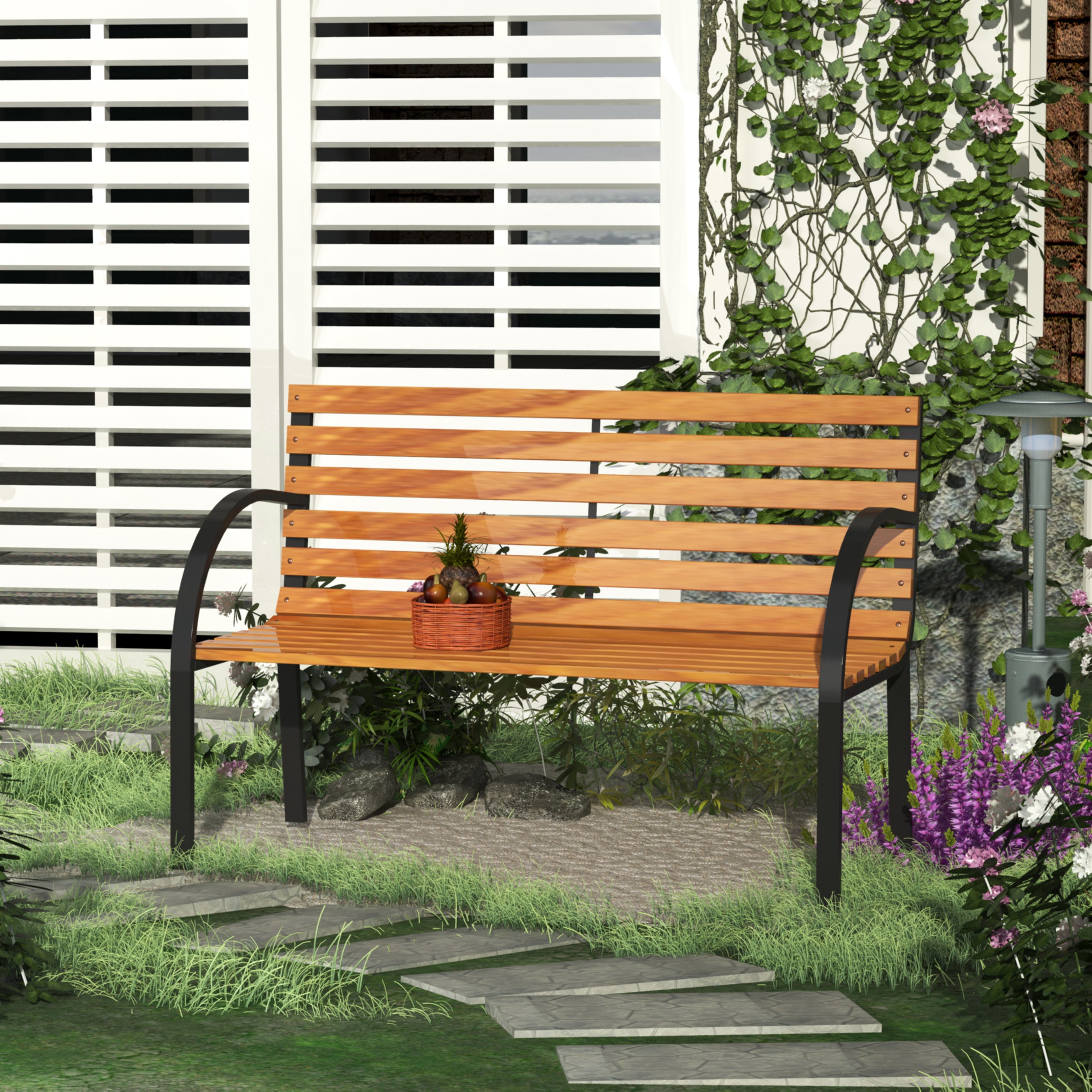 Panca da Giardino 2 Posti 122x60x80 cm in Legno e Acciaio Nero