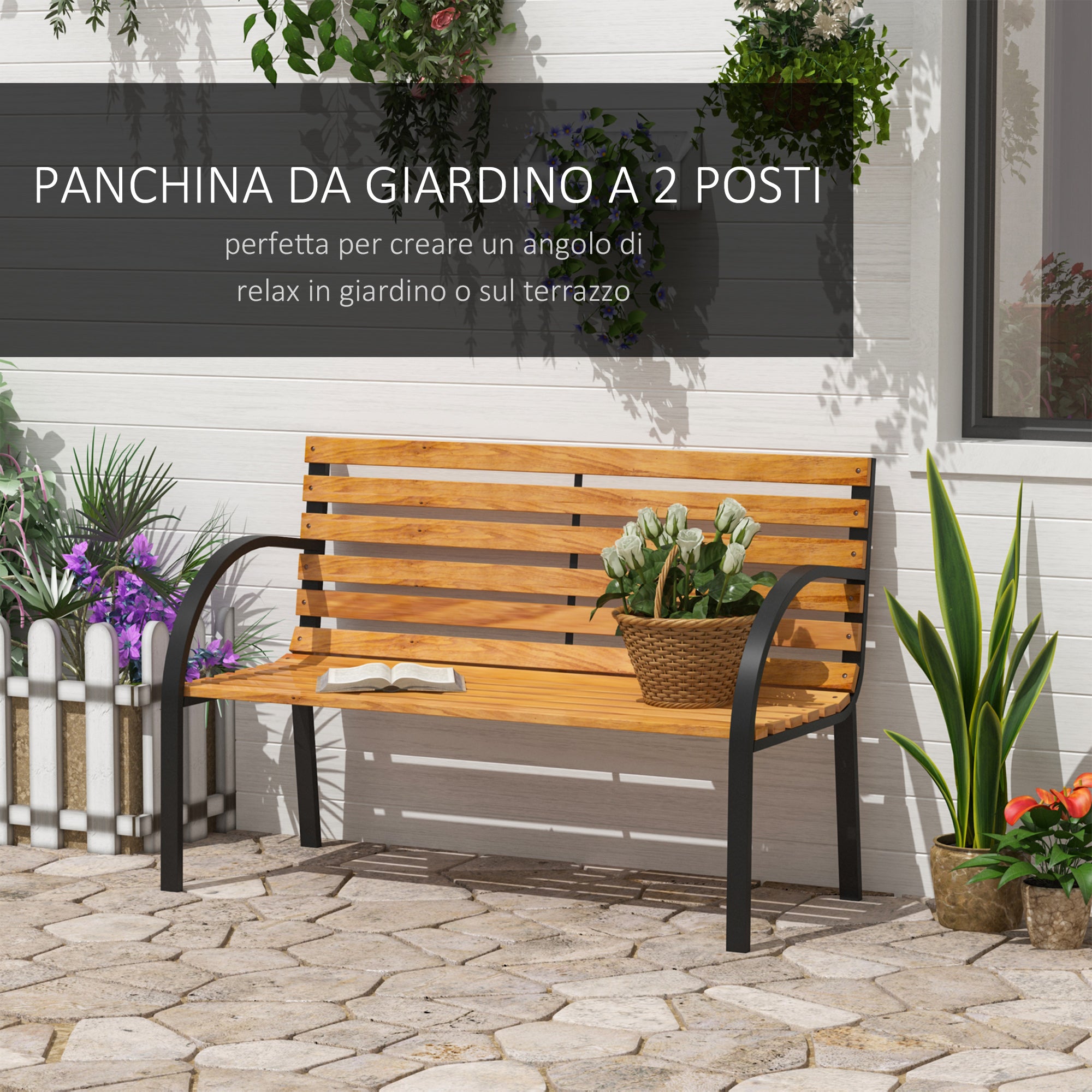 Panca da Giardino 2 Posti 122x60x80 cm in Legno e Acciaio Nero