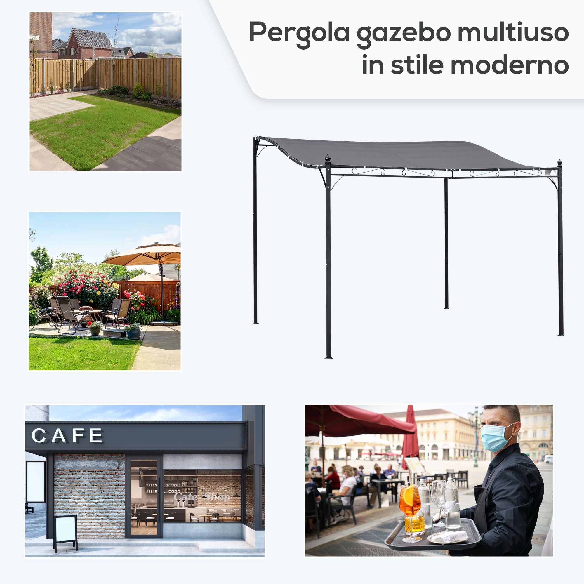 Pergola da Giardino 3x3m in Metallo e Poliestere Grigio