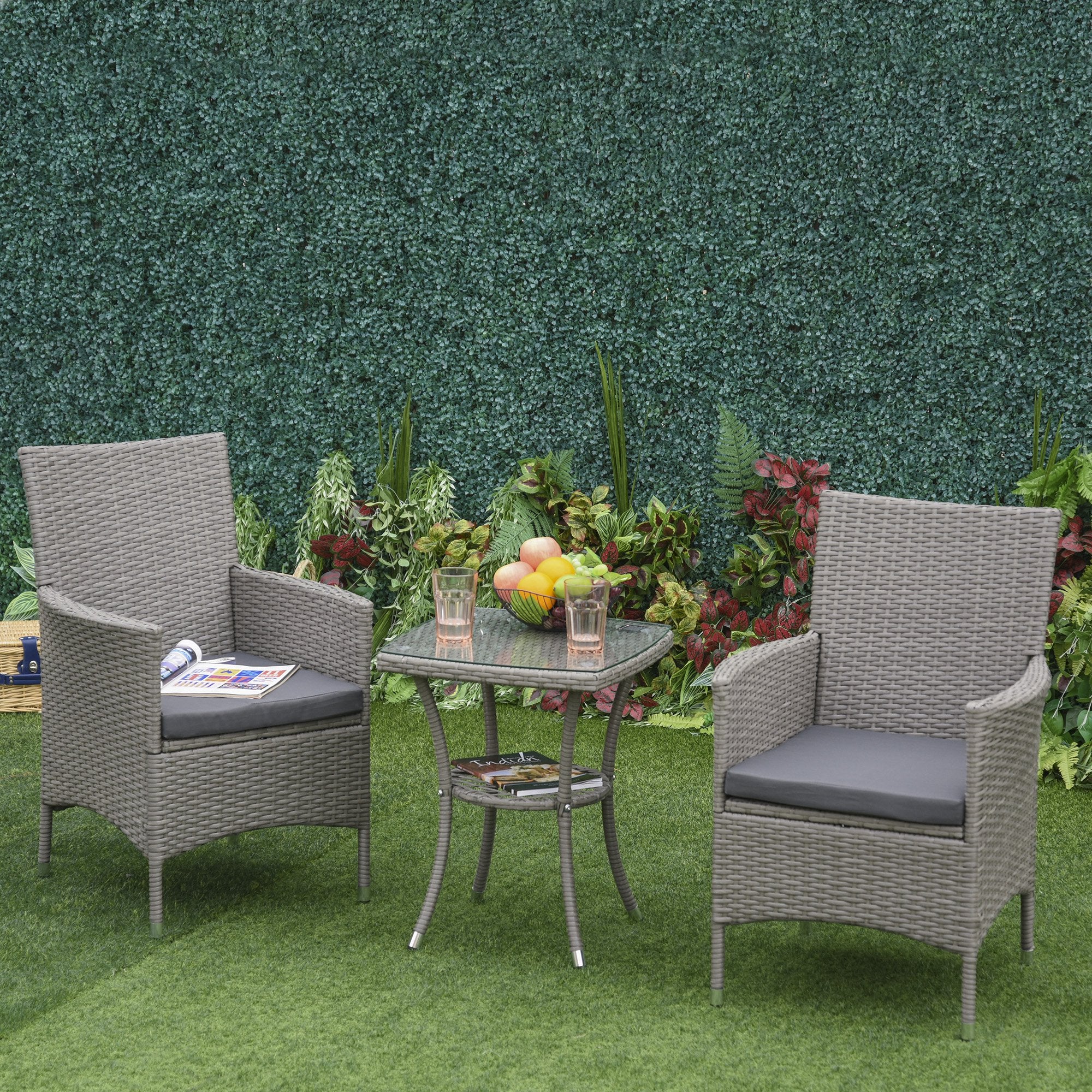 Set Tavolino e 2 Sedie da Giardino in Rattan Grigio