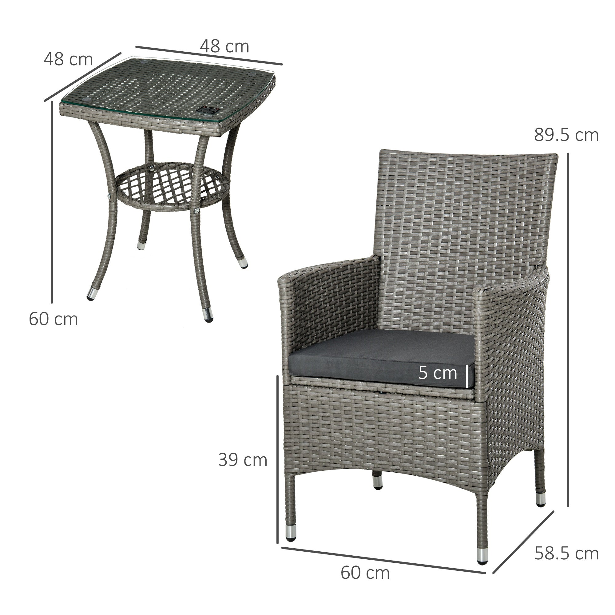 Set Tavolino e 2 Sedie da Giardino in Rattan Grigio