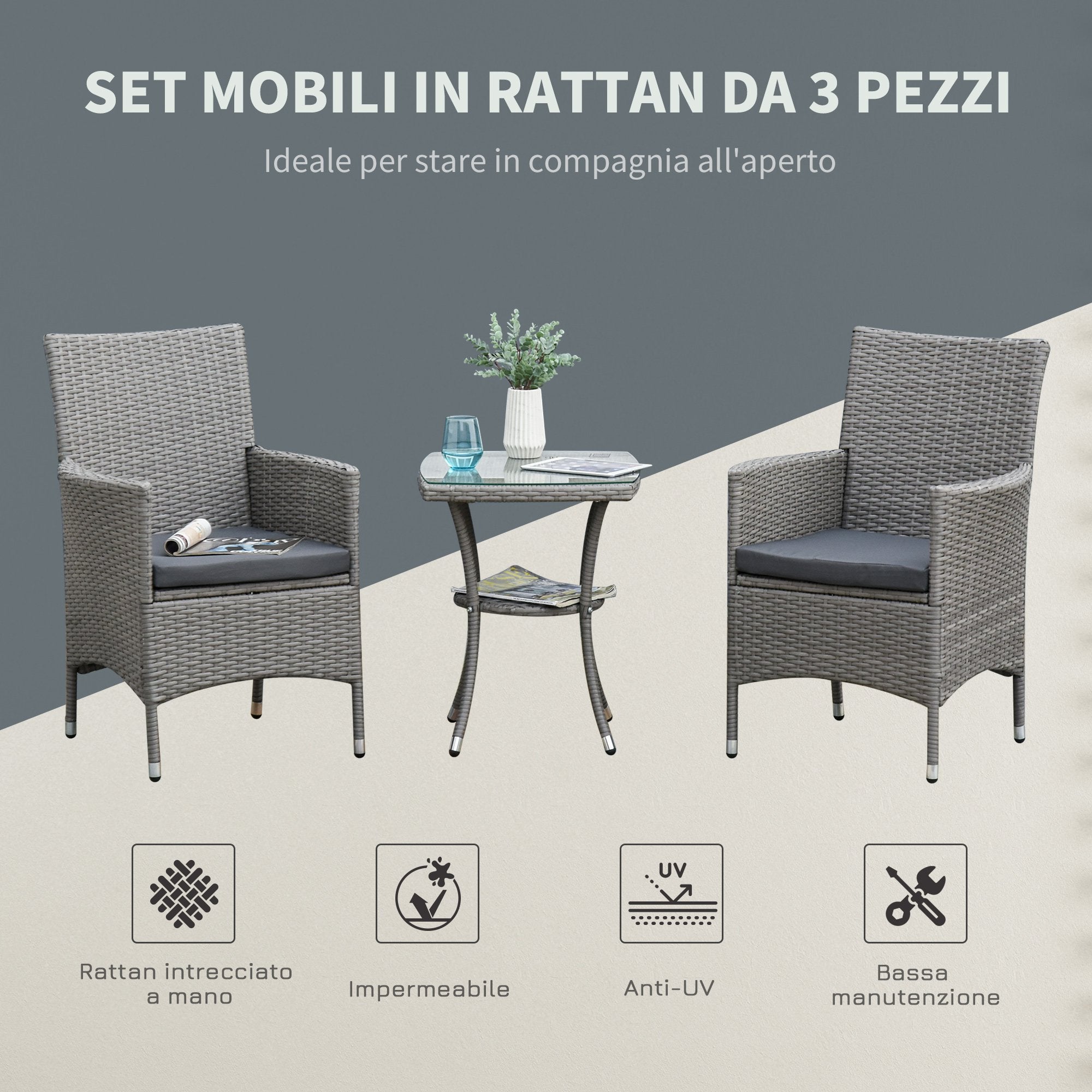 Set Tavolino e 2 Sedie da Giardino in Rattan Grigio