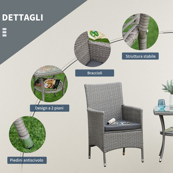 Set Tavolino e 2 Sedie da Giardino in Rattan Grigio