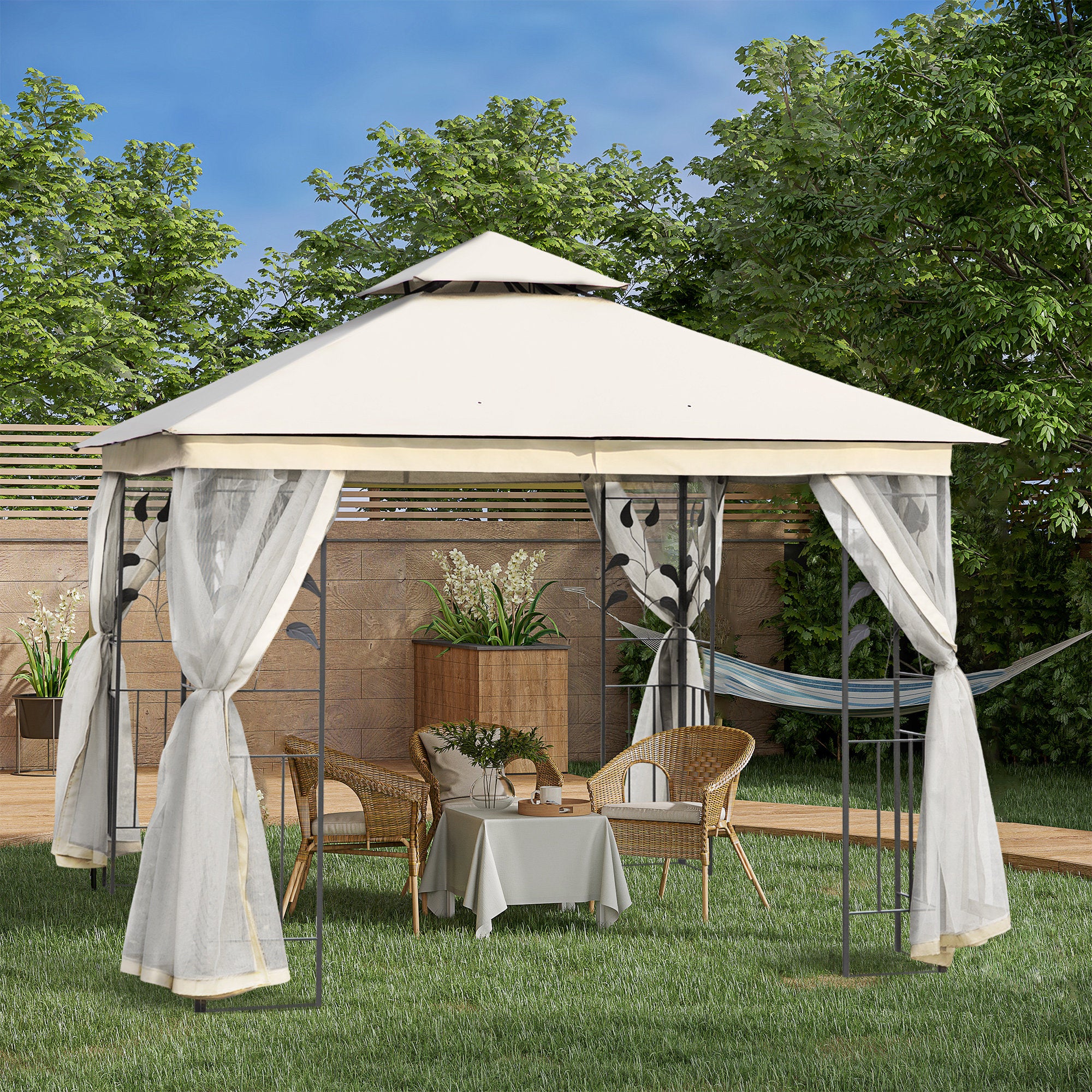 Gazebo da Giardino 3x3m con Zanzariera in Acciaio e Poliestere Bianco