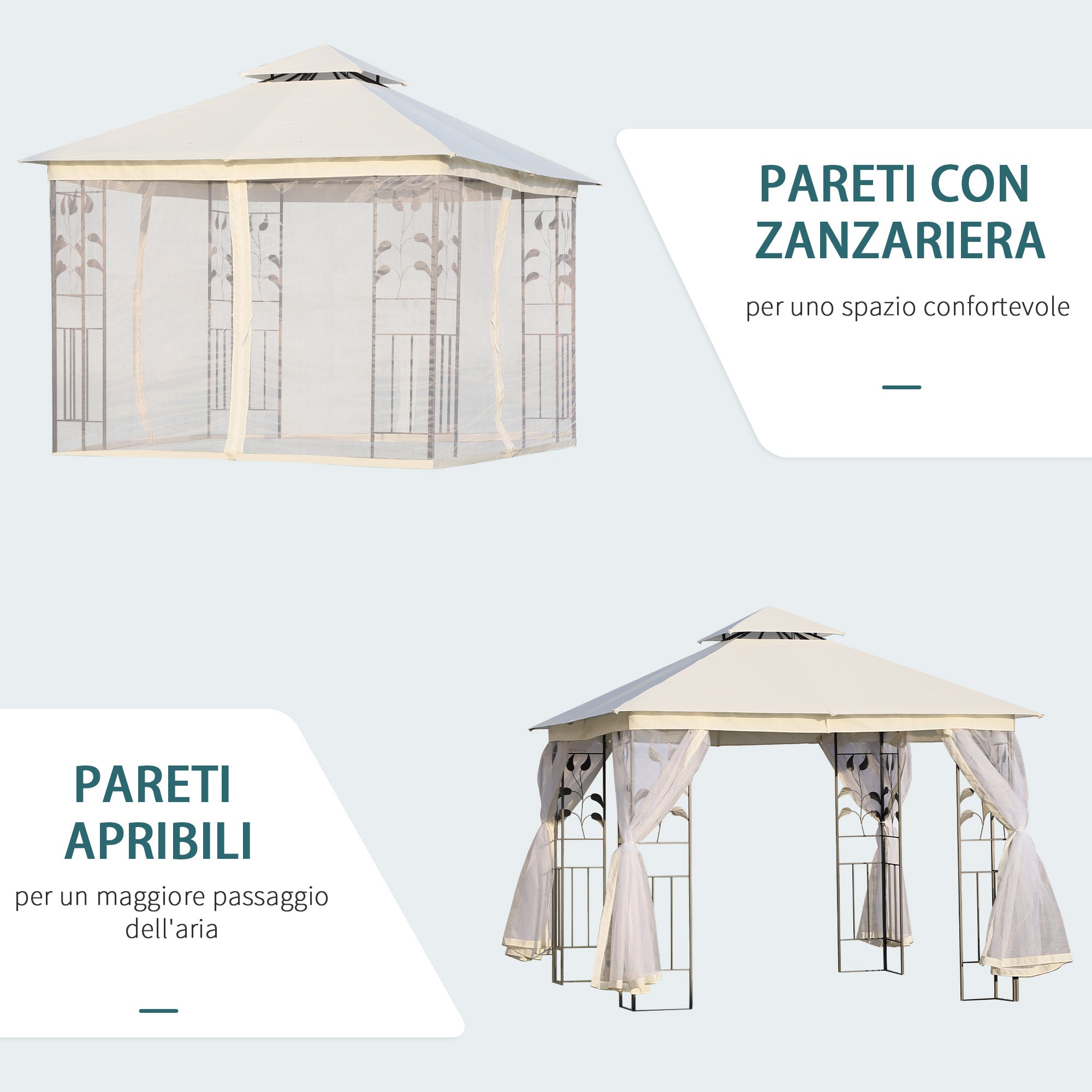 Gazebo da Giardino 3x3m con Zanzariera in Acciaio e Poliestere Bianco