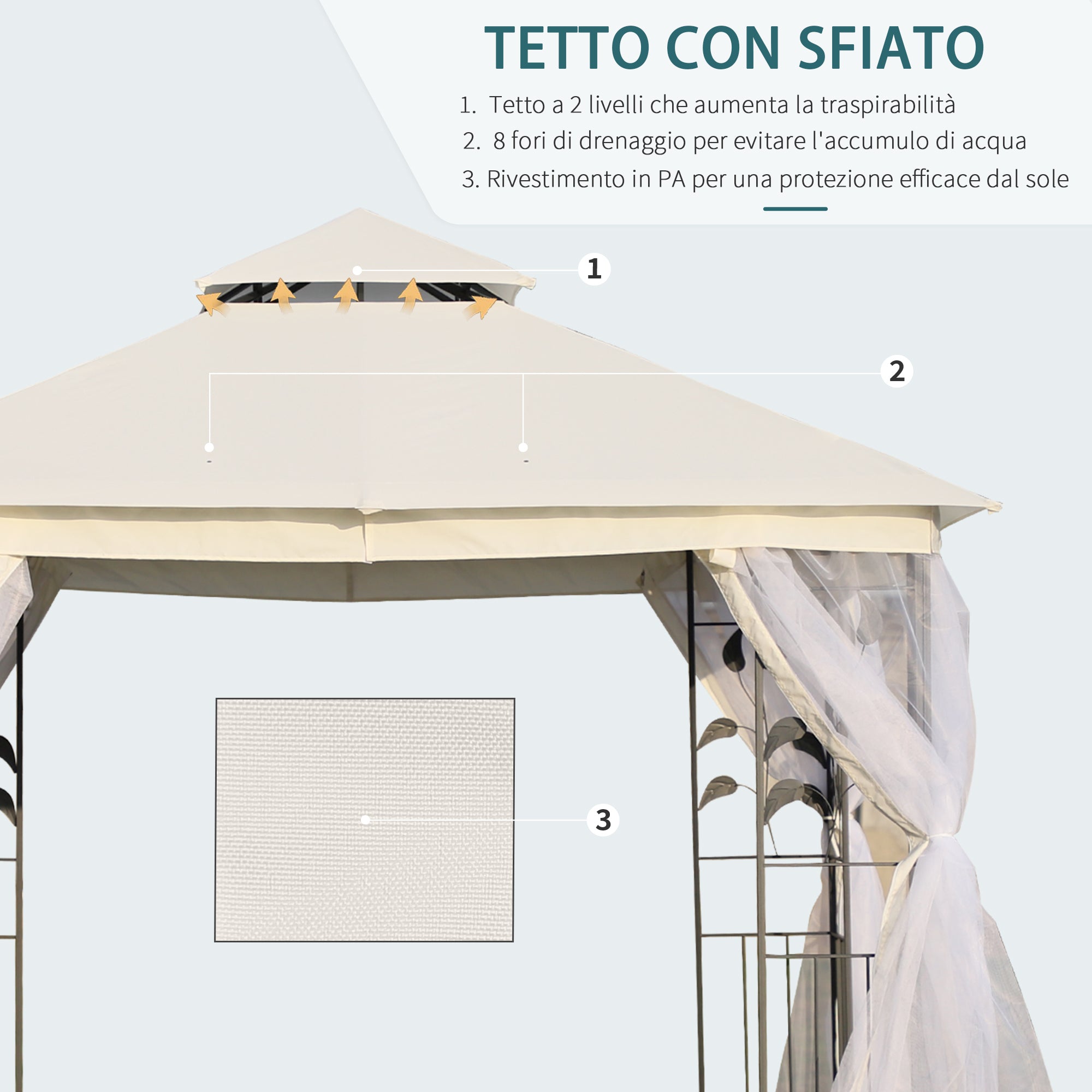 Gazebo da Giardino 3x3m con Zanzariera in Acciaio e Poliestere Bianco