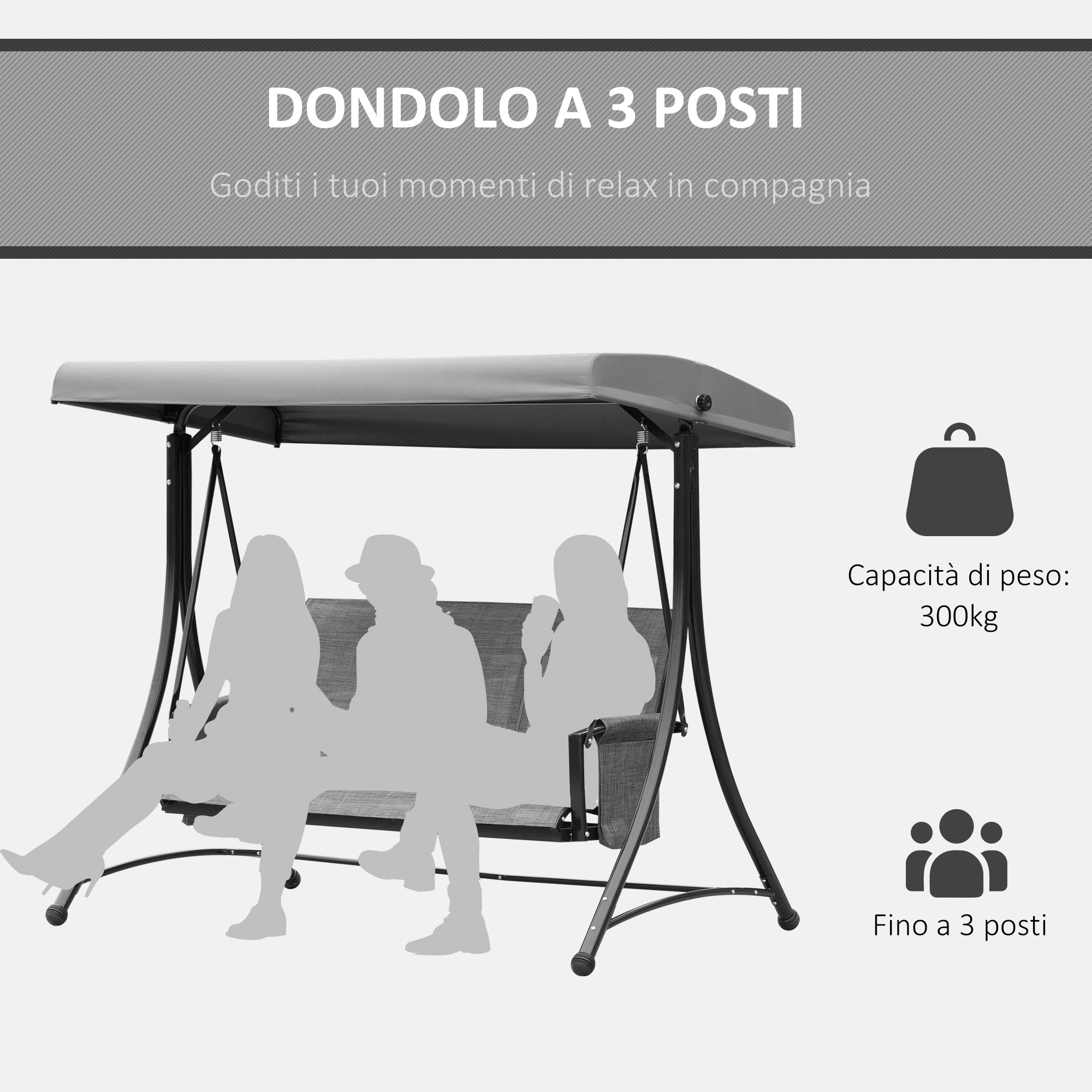 Dondolo 3 Posti da Giardino 196x128x172 cm in Metallo e Textilene Grigio Scuro