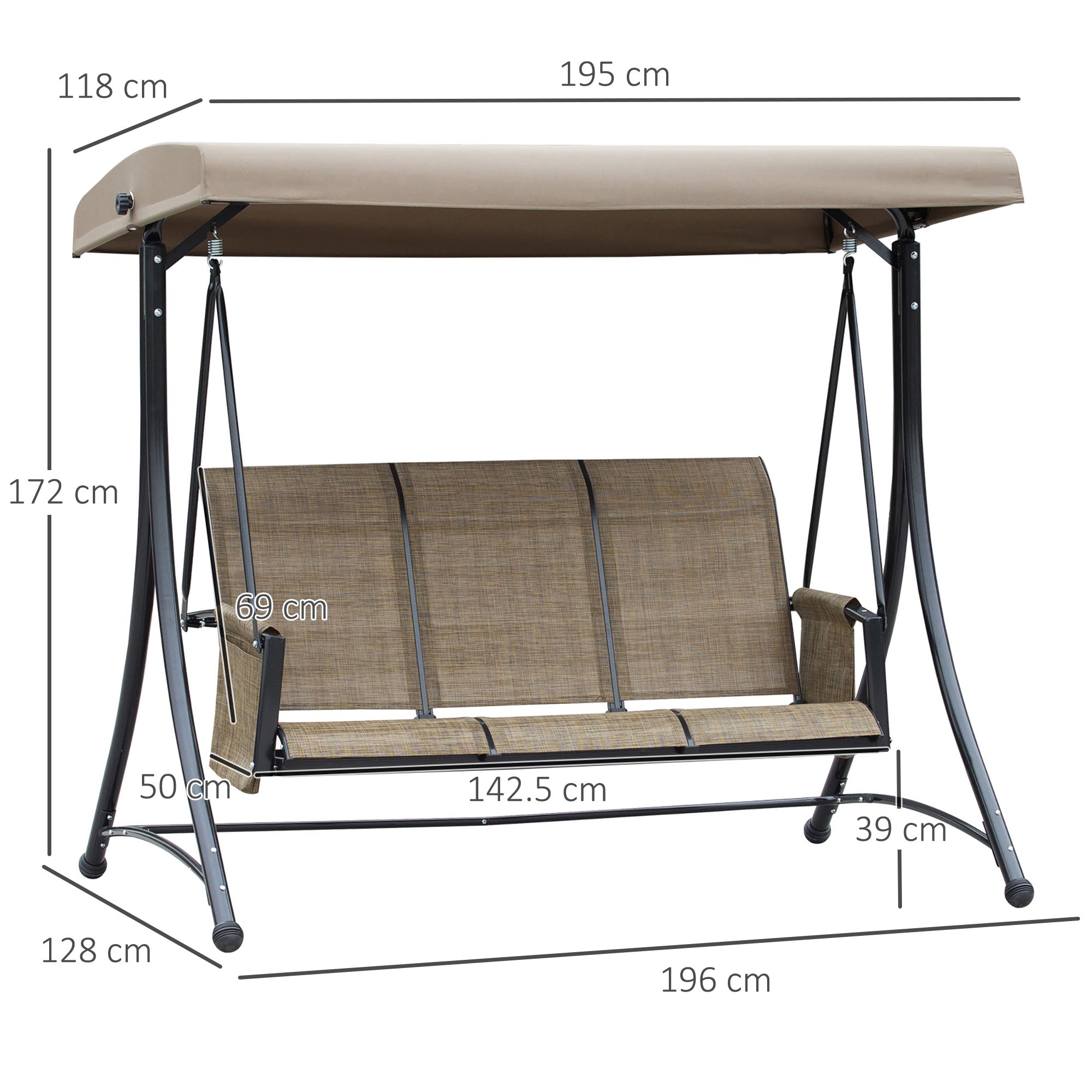 Dondolo 3 Posti da Giardino 196x128x172 cm in Metallo e Textilene Marrone