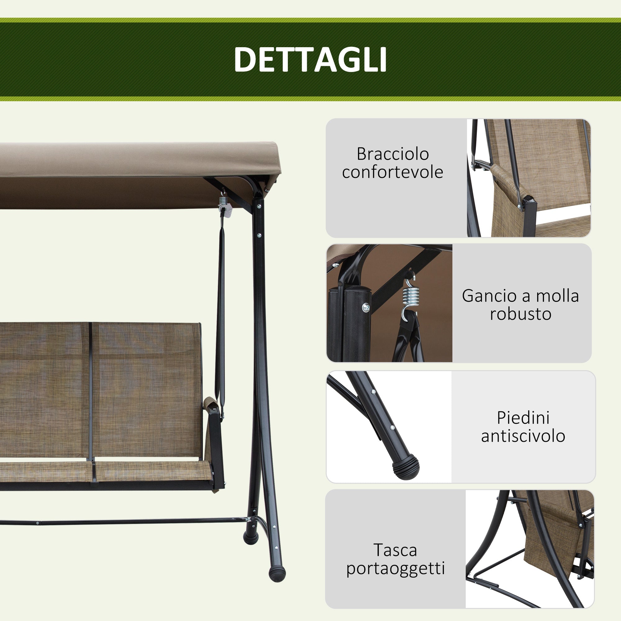 Dondolo 3 Posti da Giardino 196x128x172 cm in Metallo e Textilene Marrone