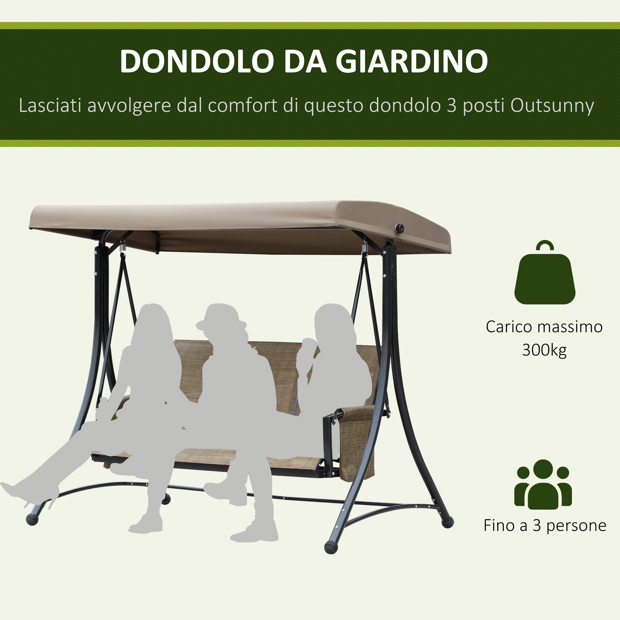 Dondolo 3 Posti da Giardino 196x128x172 cm in Metallo e Textilene Marrone