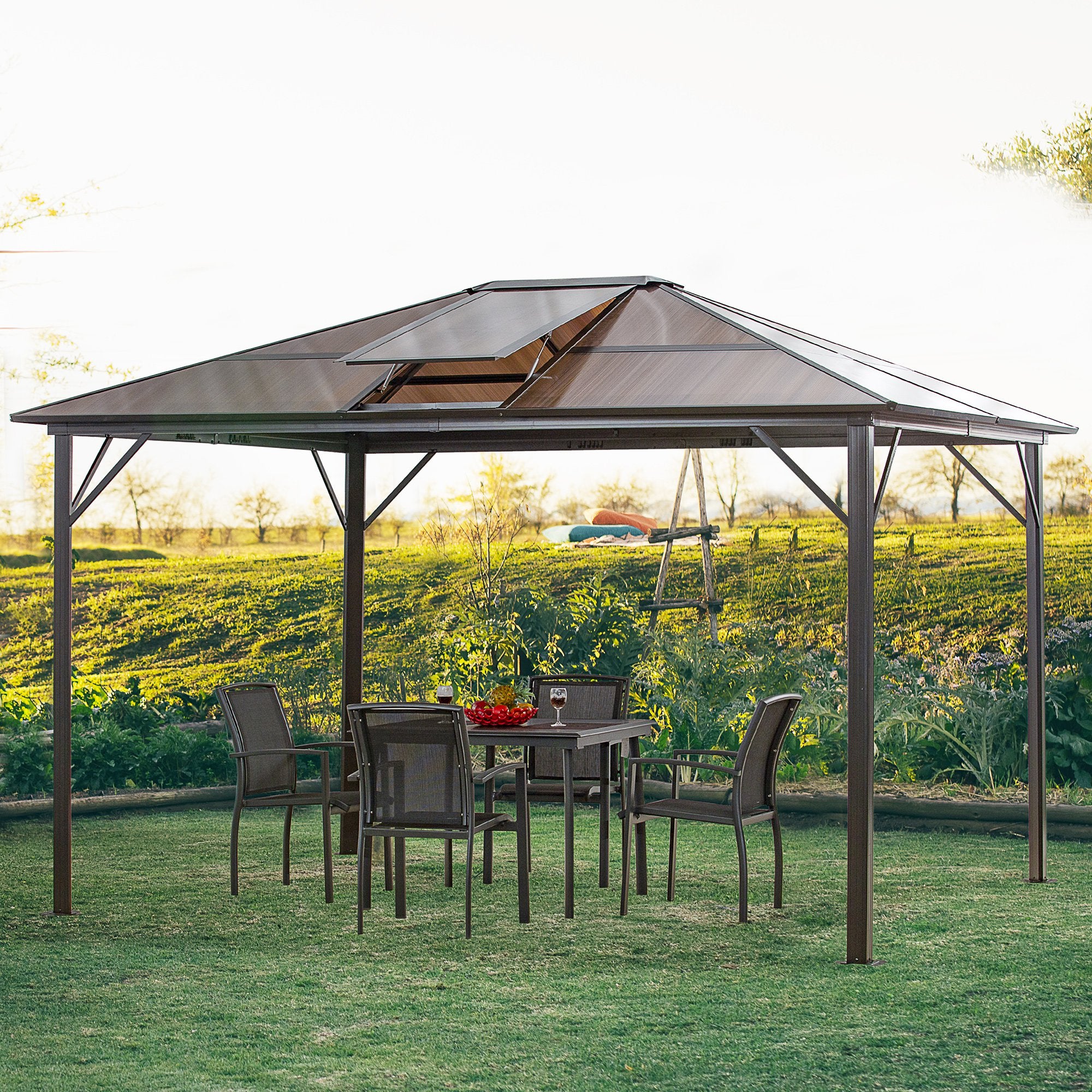 Gazebo da Giardino 3,45x2,8m con Tettuccio in Policarbonato Apribile Marrone