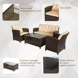 Set Salotto da Giardino Divano 2 Poltrone e Tavolino in Rattan Marrone e Beige