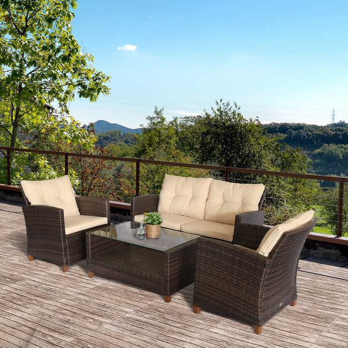 Set Salotto da Giardino Divano 2 Poltrone e Tavolino in Rattan Marrone e Beige