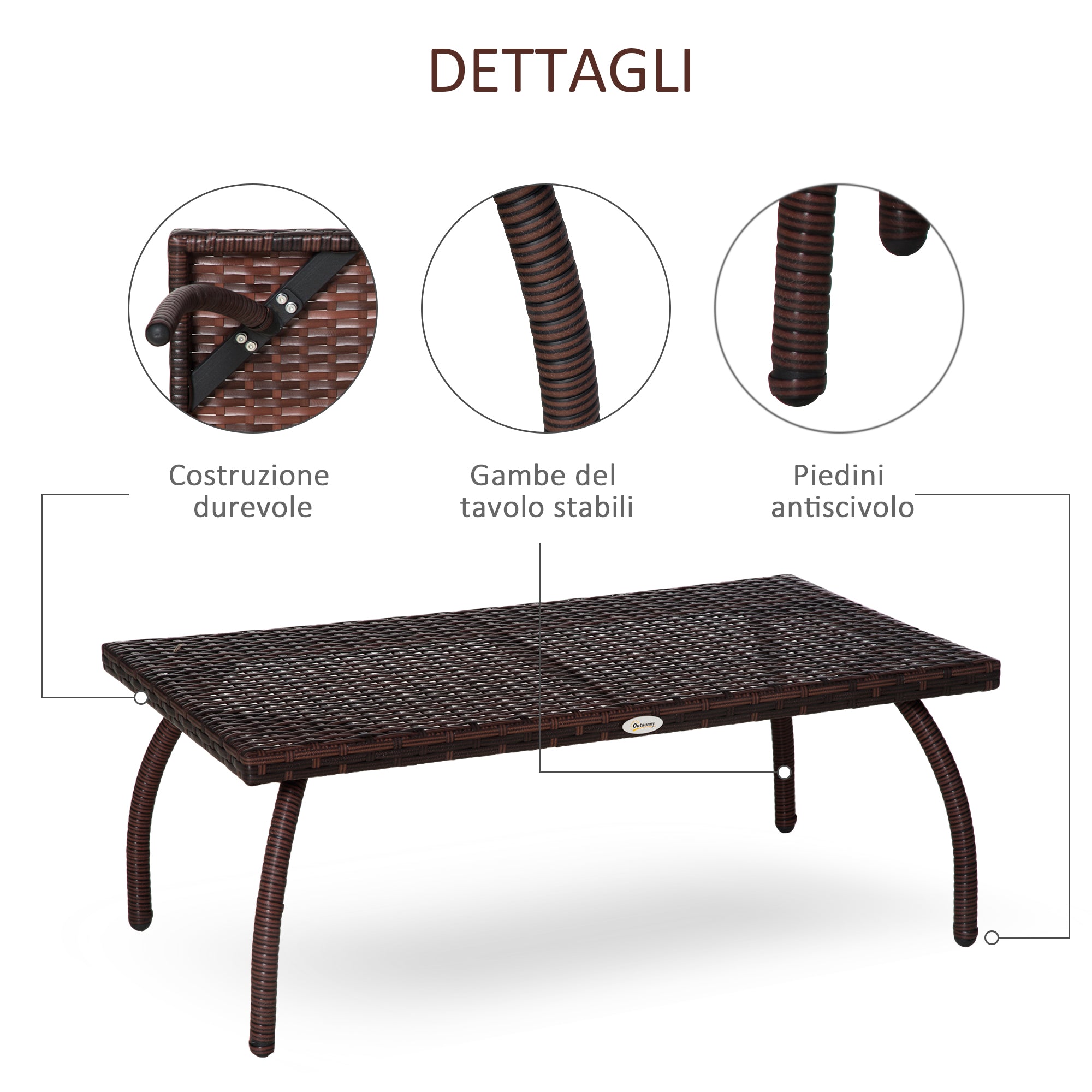 Tavolino Basso da Giardino 90x50x35 cm in Rattan Marrone