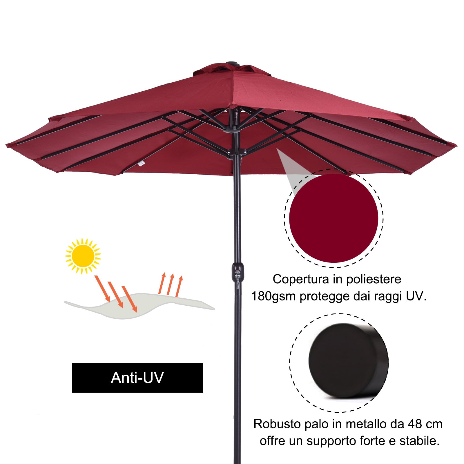 Ombrellone da Giardino Doppio 4,6x2,7m in Acciaio e Poliestere Rosso